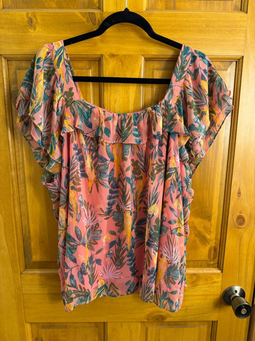 LC Lauren Conrad Coral Tropical Print Flutter-Sleeve Blouse